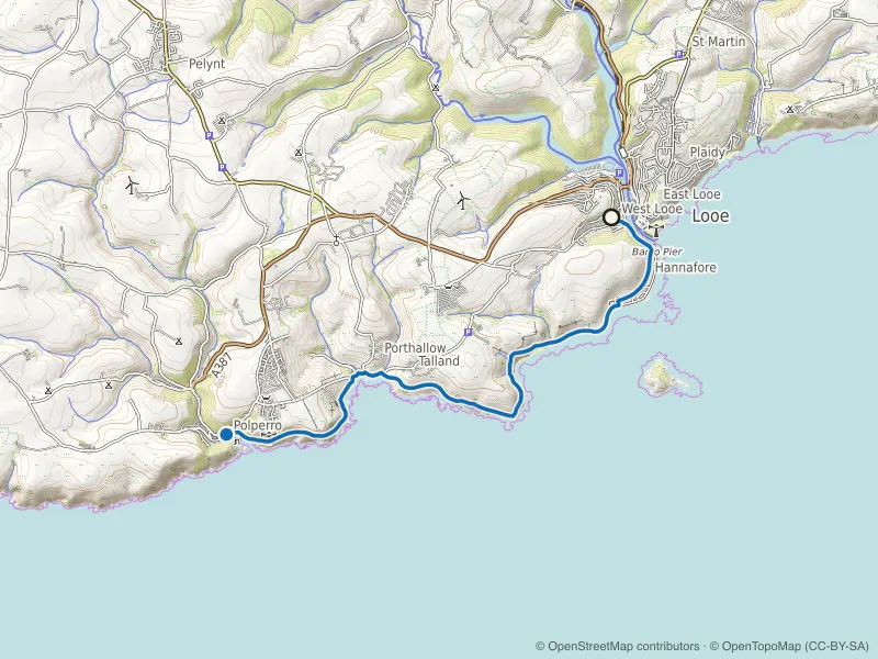 Map of the Looe to Polperro Coast Path route line