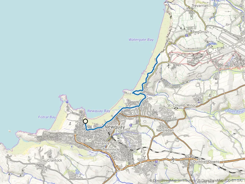 Map of the Newquay to Watergate Bay route line