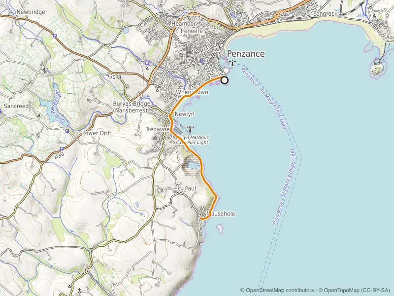 Map of the Penzance Prom to Mousehole route line
