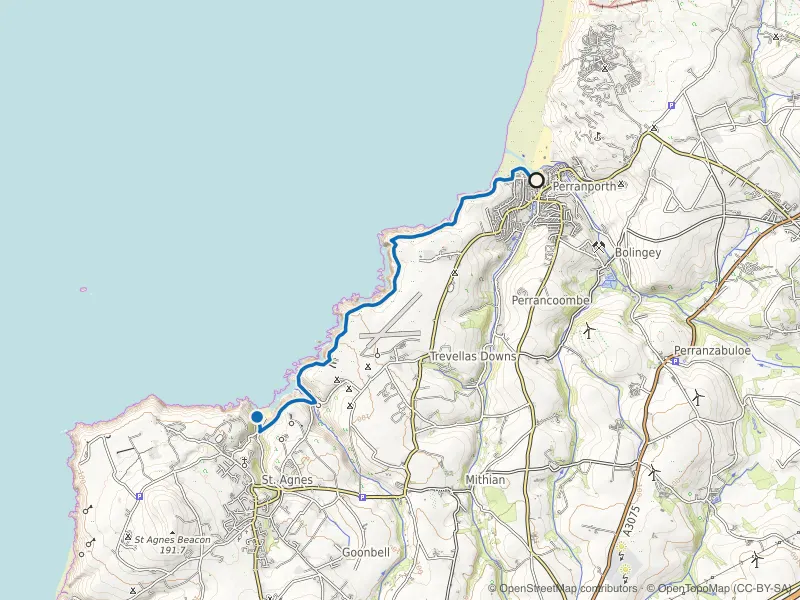 Map of the Perranporth to St Agnes Coast Path route line