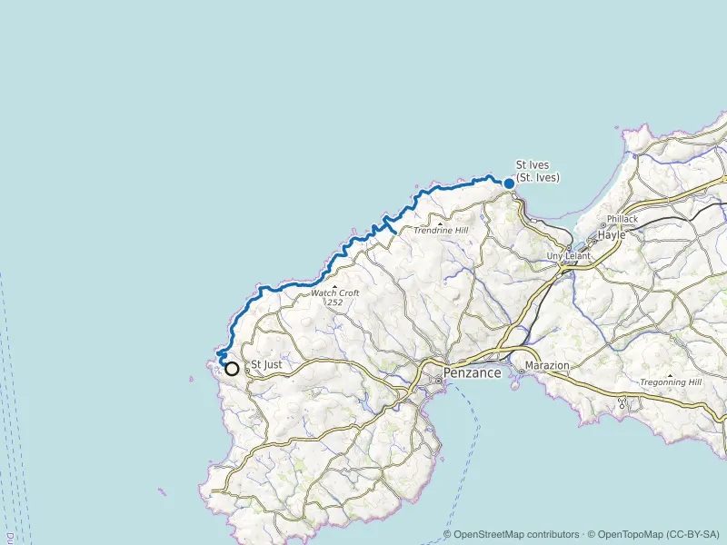 Map of the St Just to St Ives Coast Path route line