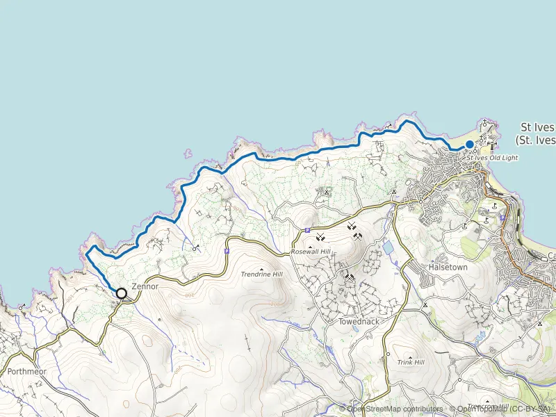 Map of the Zennor to St Ives Coast Path route line